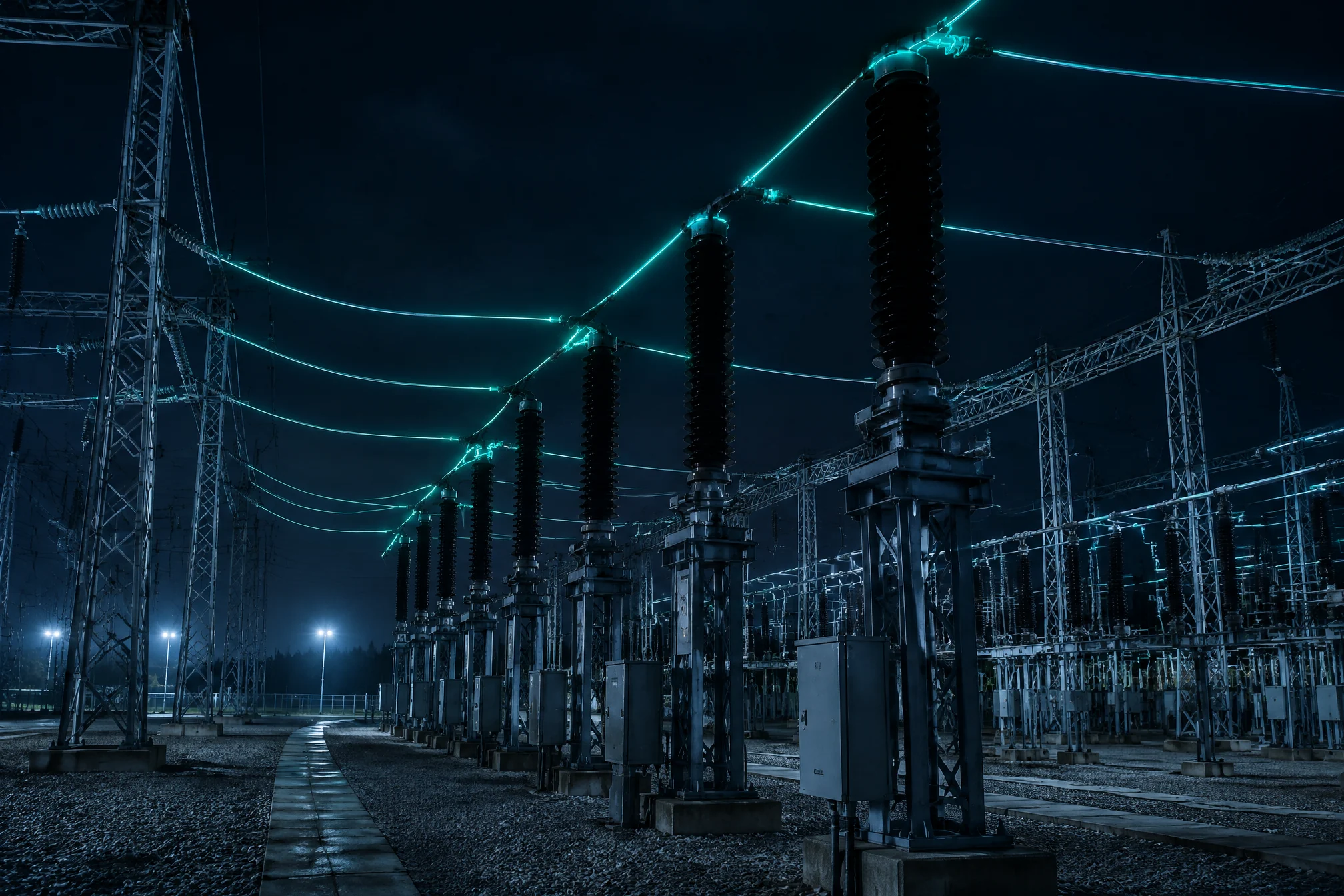 High-voltage substation at night with a mint glow along the power lines