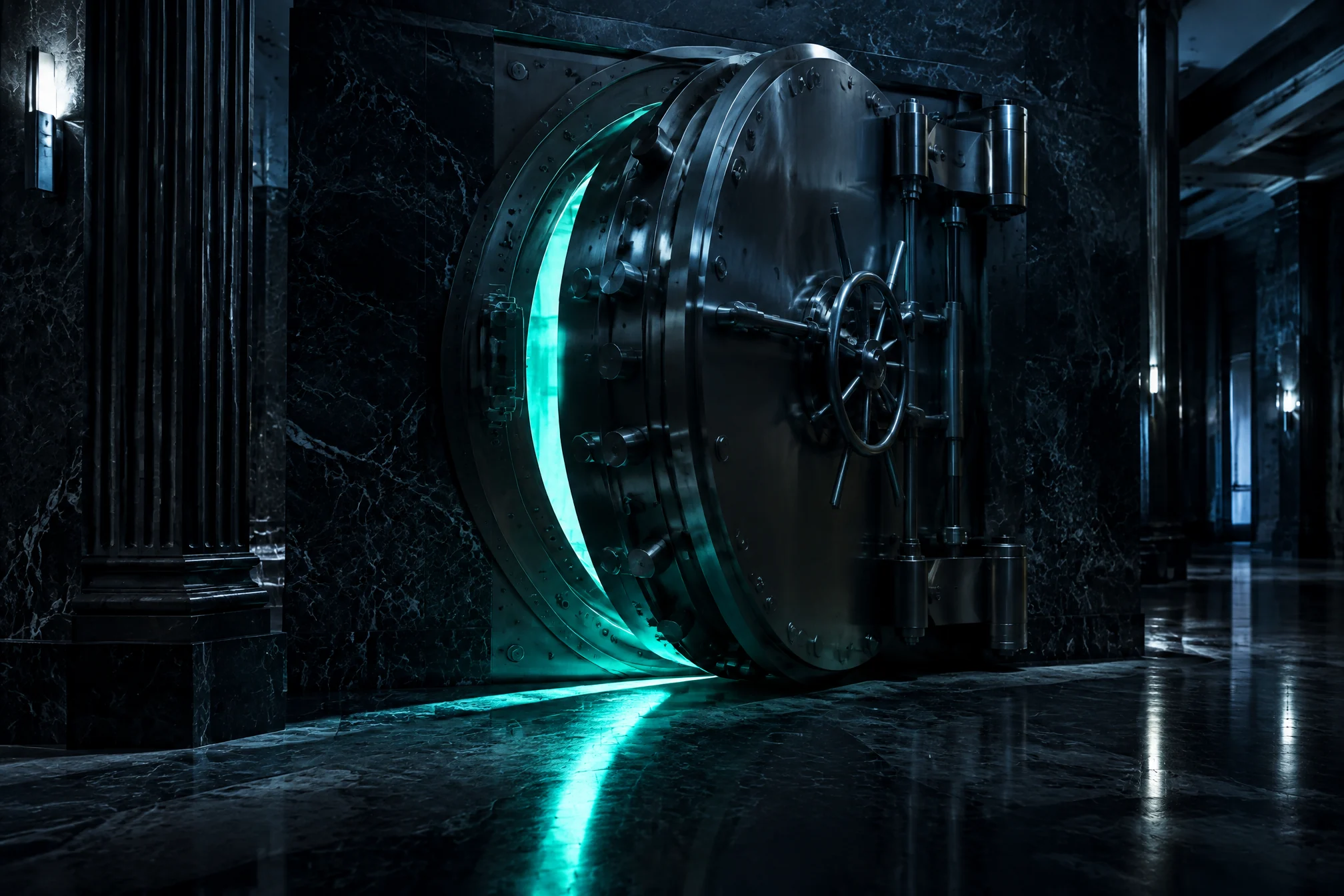 Steel bank vault door slightly open with mint light spilling across a marble floor