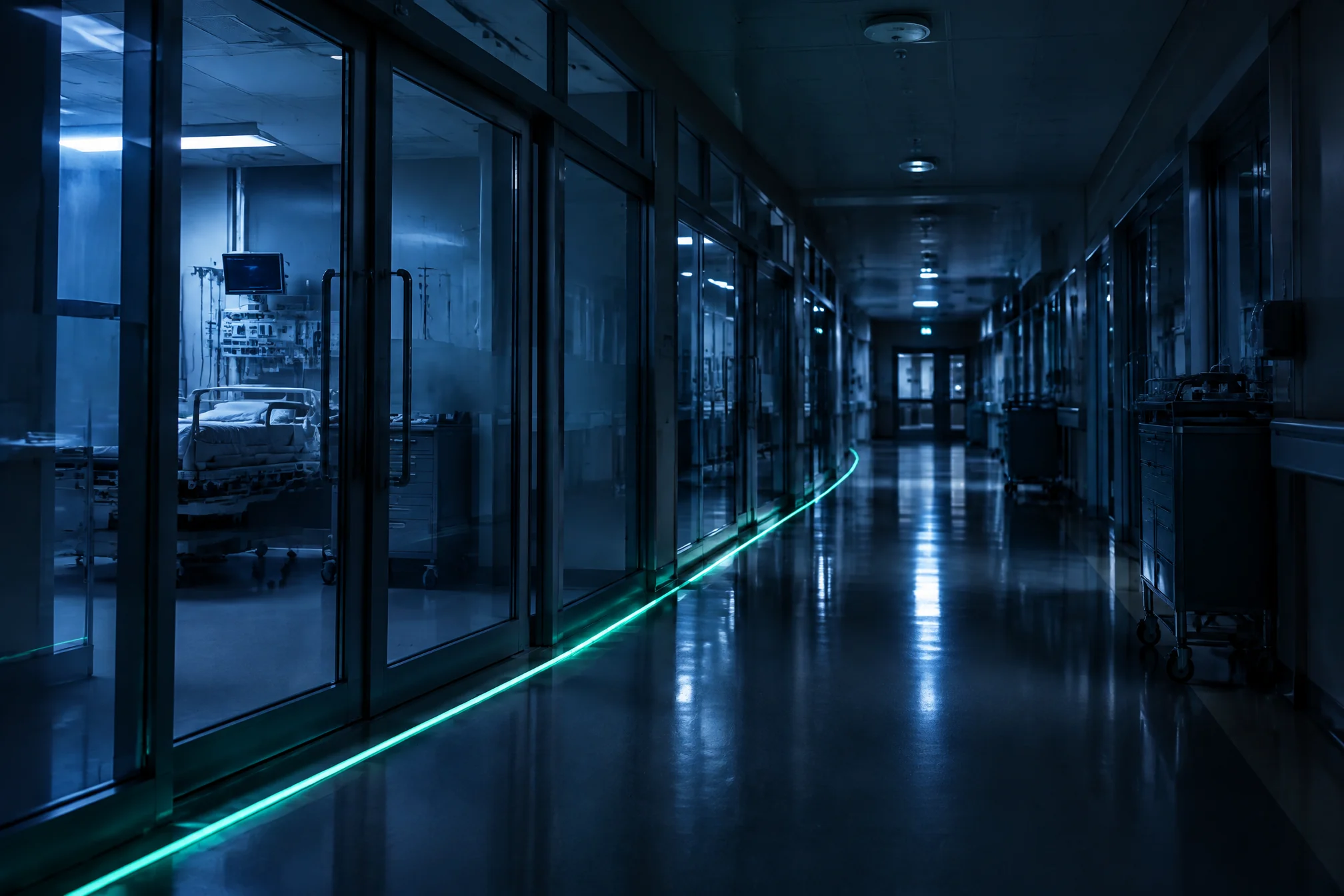 Hospital corridor at night with glass ward doors and a mint light strip on the floor