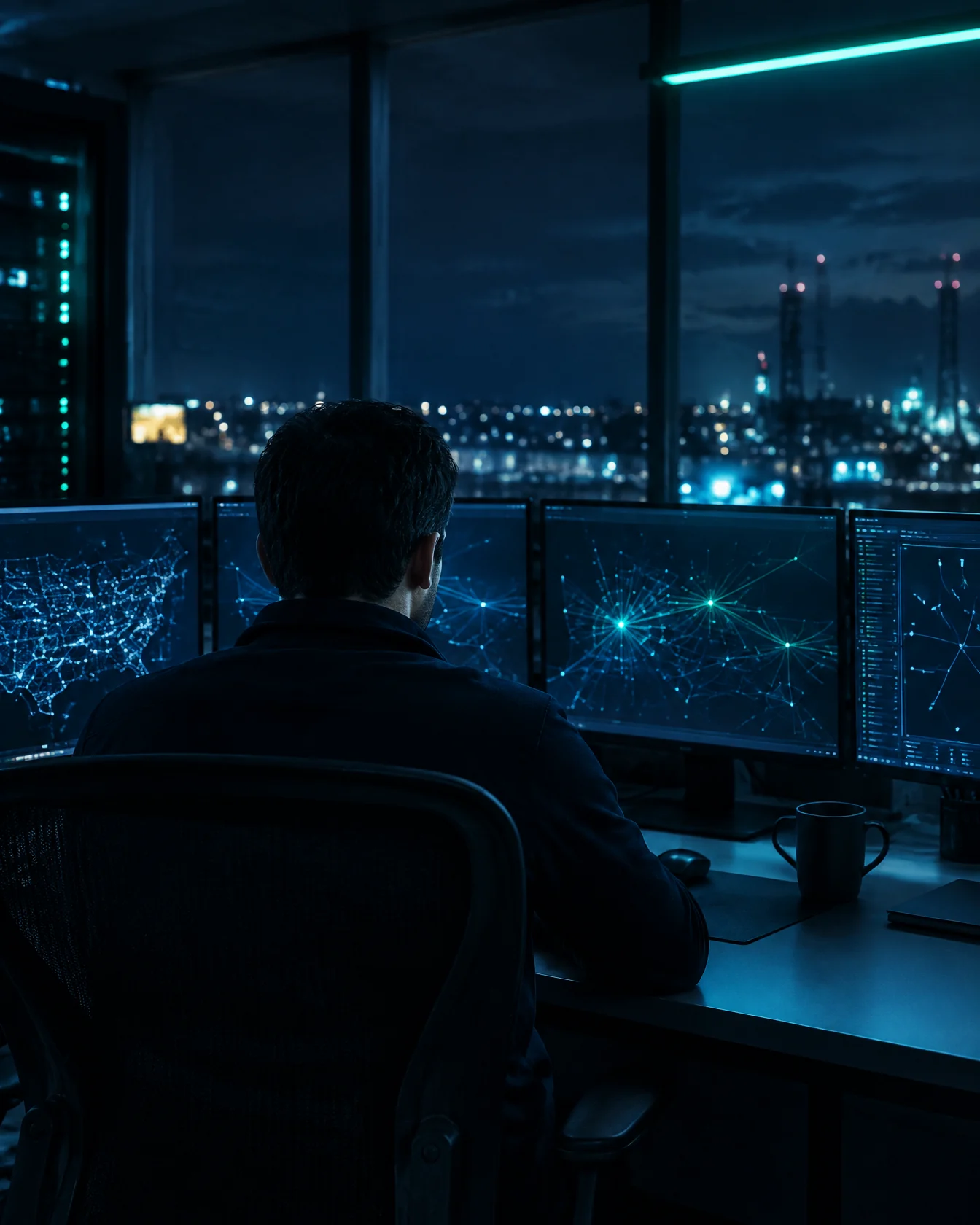 Engineer seen from behind at a night operations desk with dimmed monitors