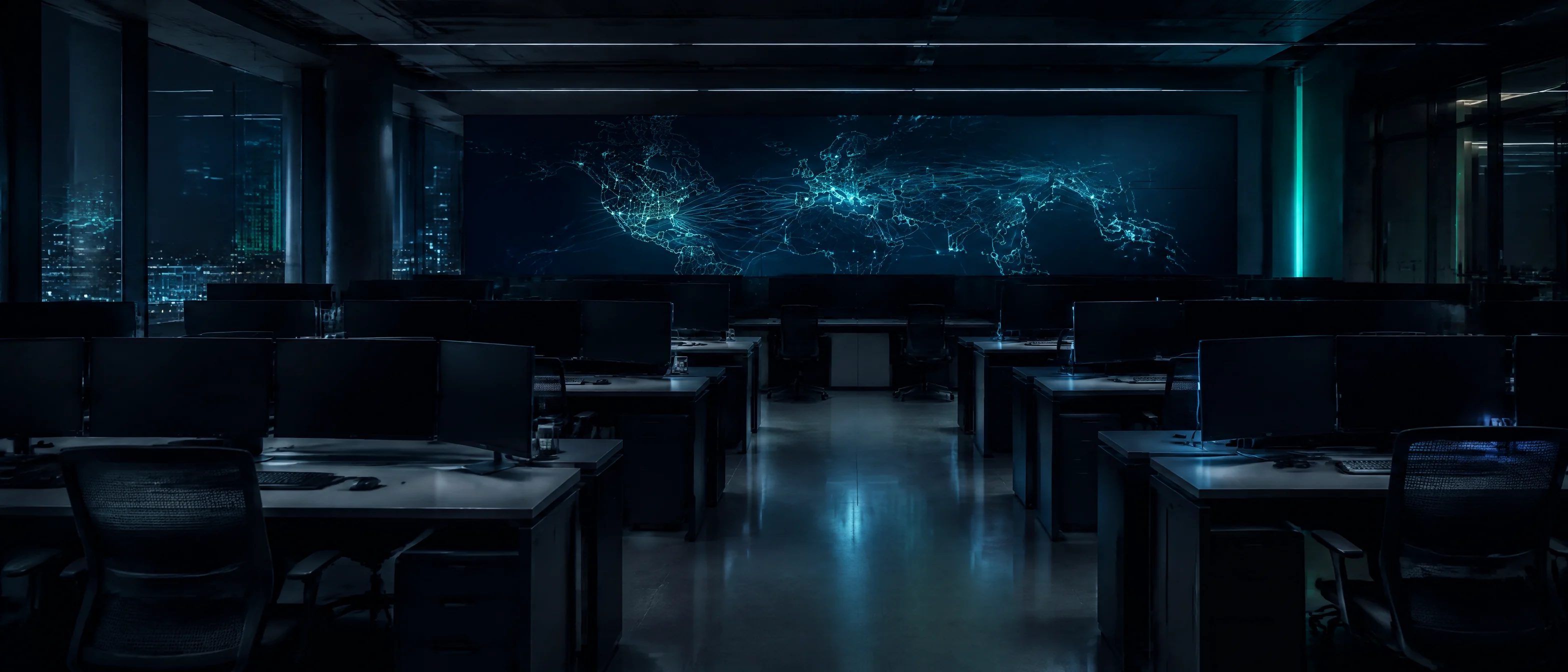 Operations room at night with empty desks and a dim wall display of network lines