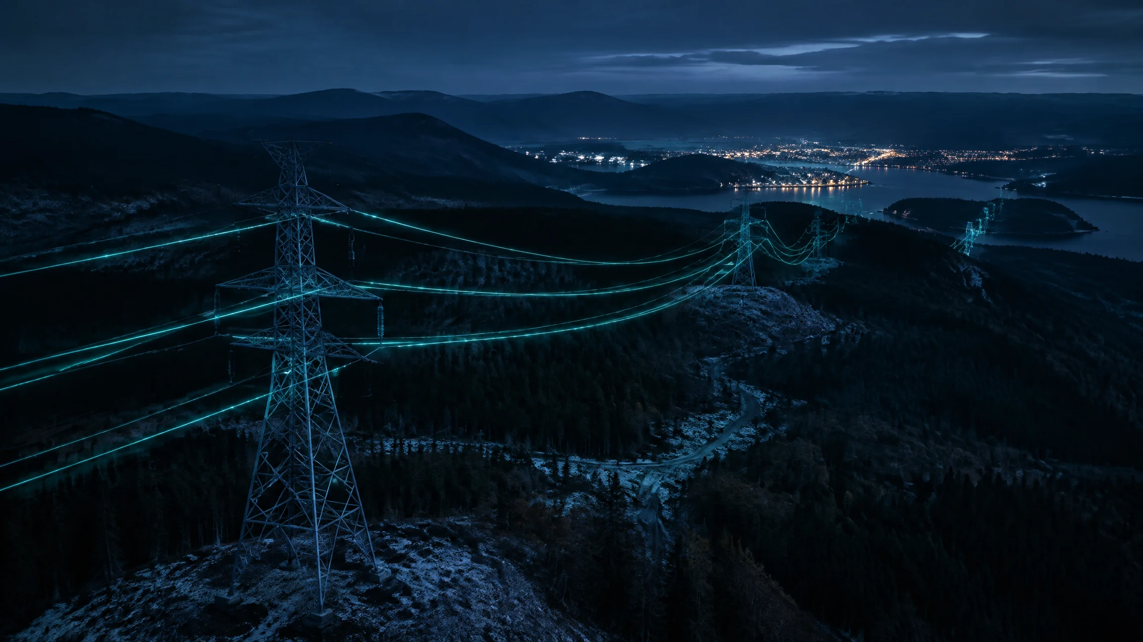 Aerial view of transmission towers crossing dark hills at night