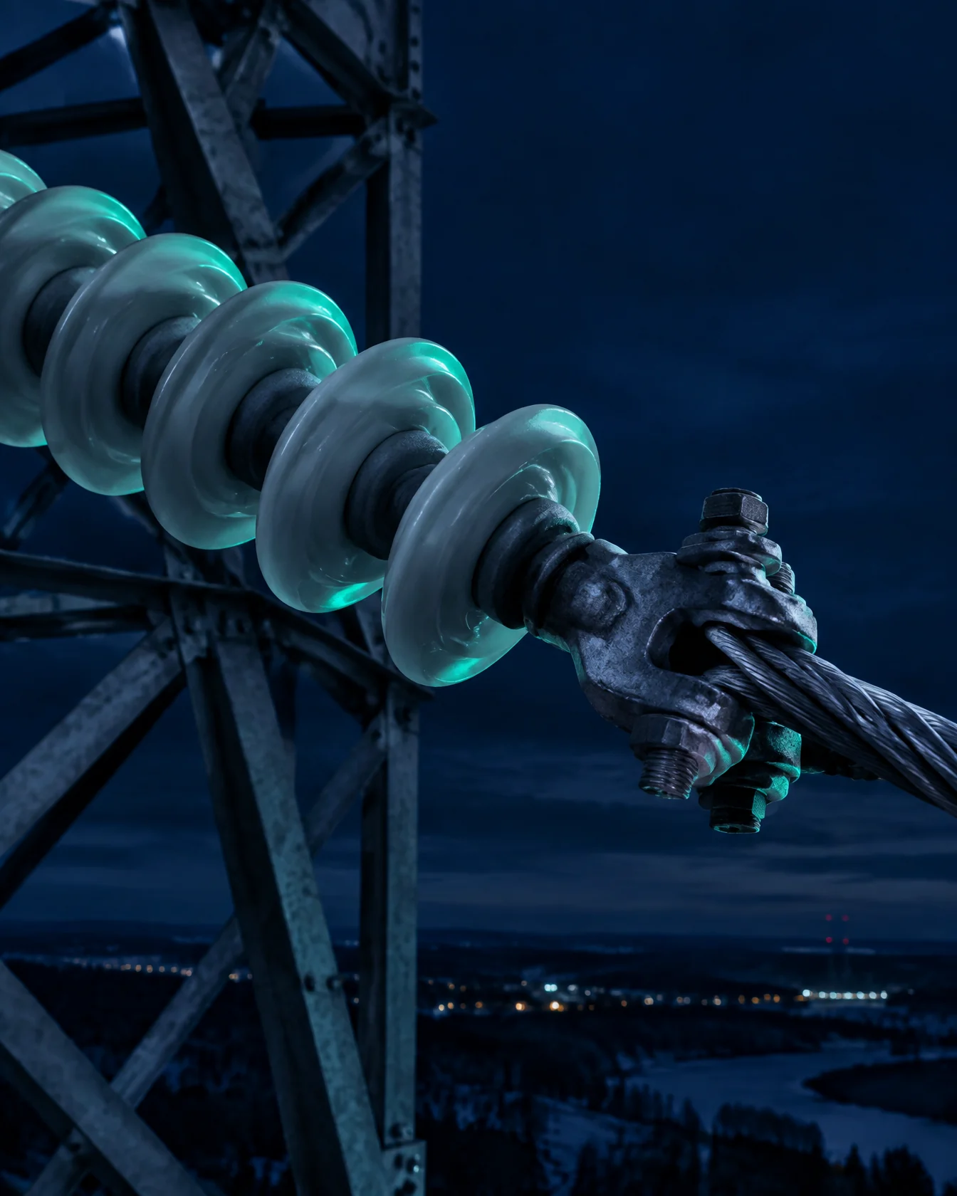 Ceramic insulator string on a pylon against a deep blue night sky