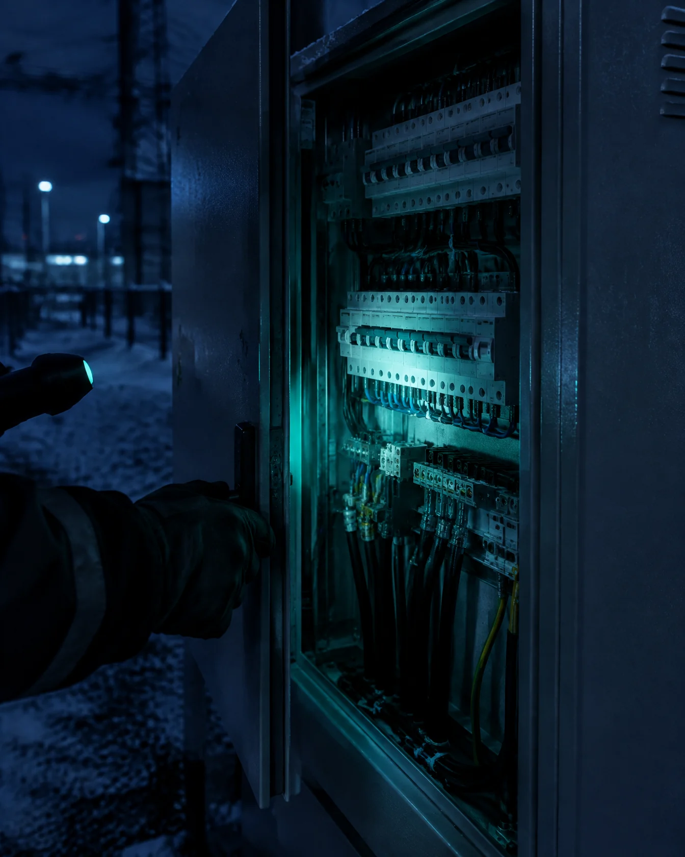 Gloved hand opening an electrical cabinet lit by a mint torch beam