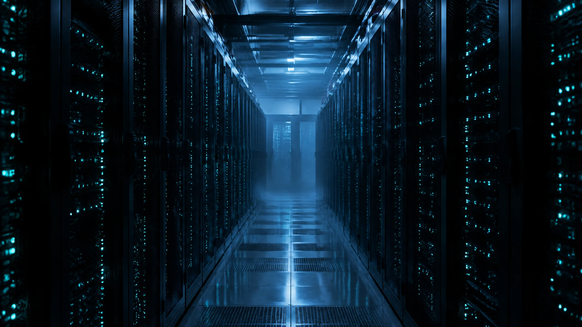 Long dark server aisle with mint status lights receding into haze
