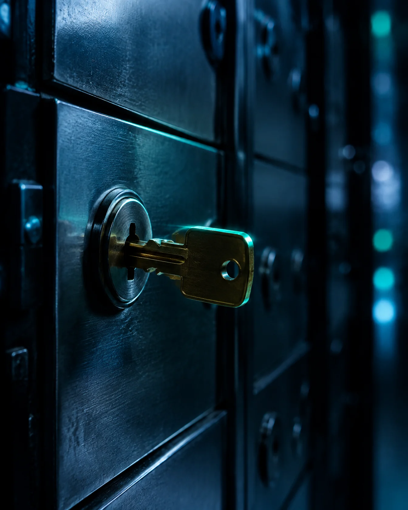Brass key in a safe-deposit box lock with a mint highlight