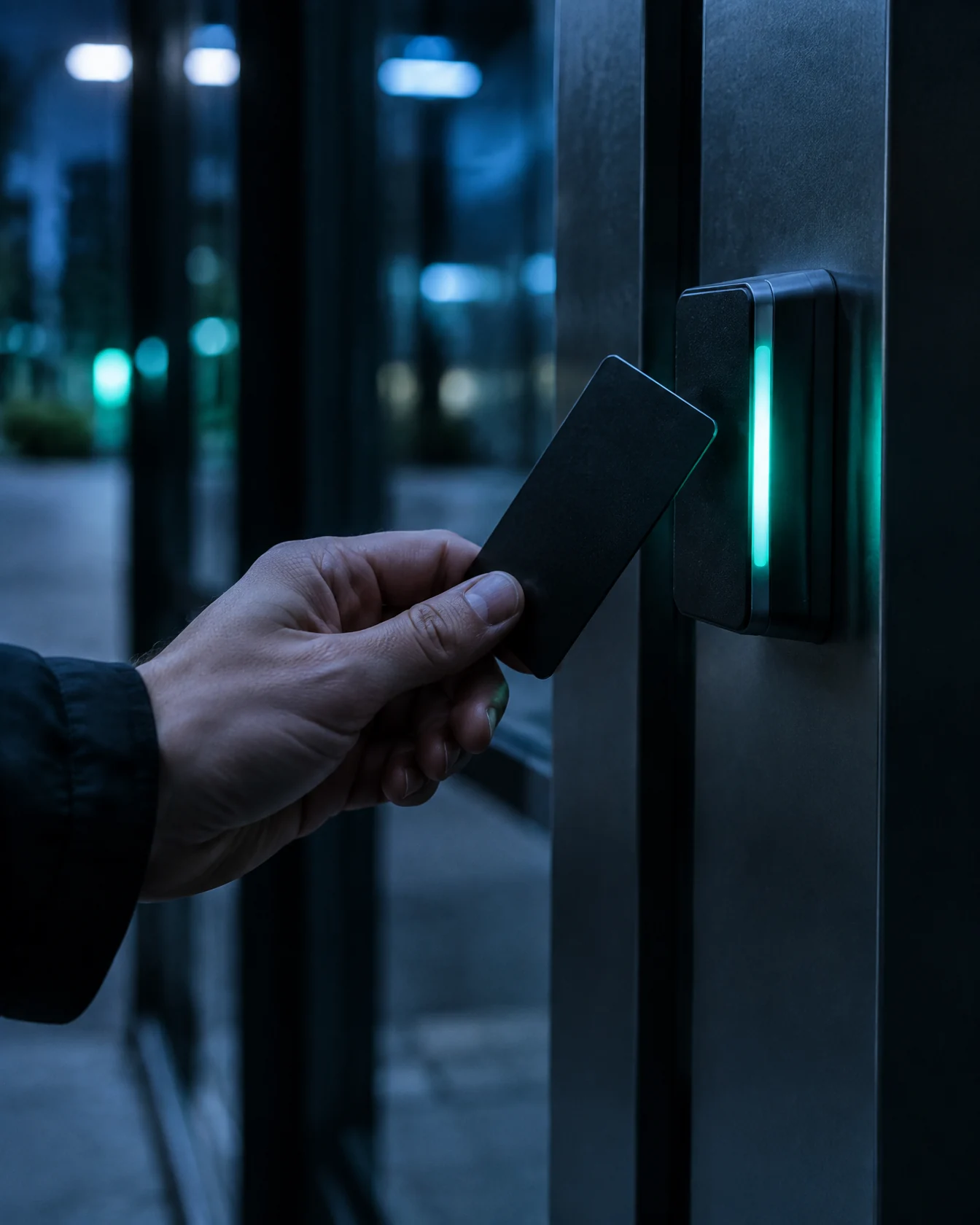 Hand holding an access card to a card reader glowing mint