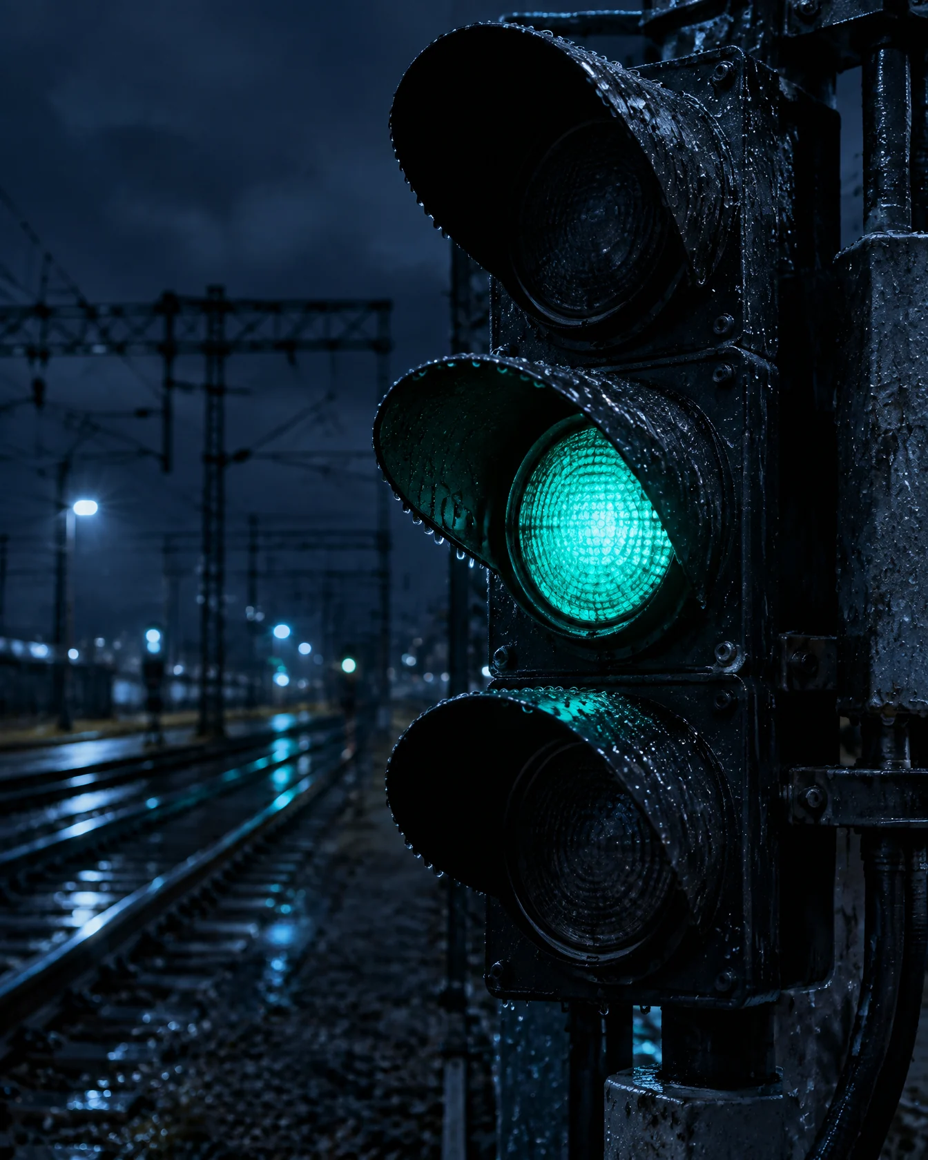 Trackside railway signal at night with one lamp glowing mint in the rain