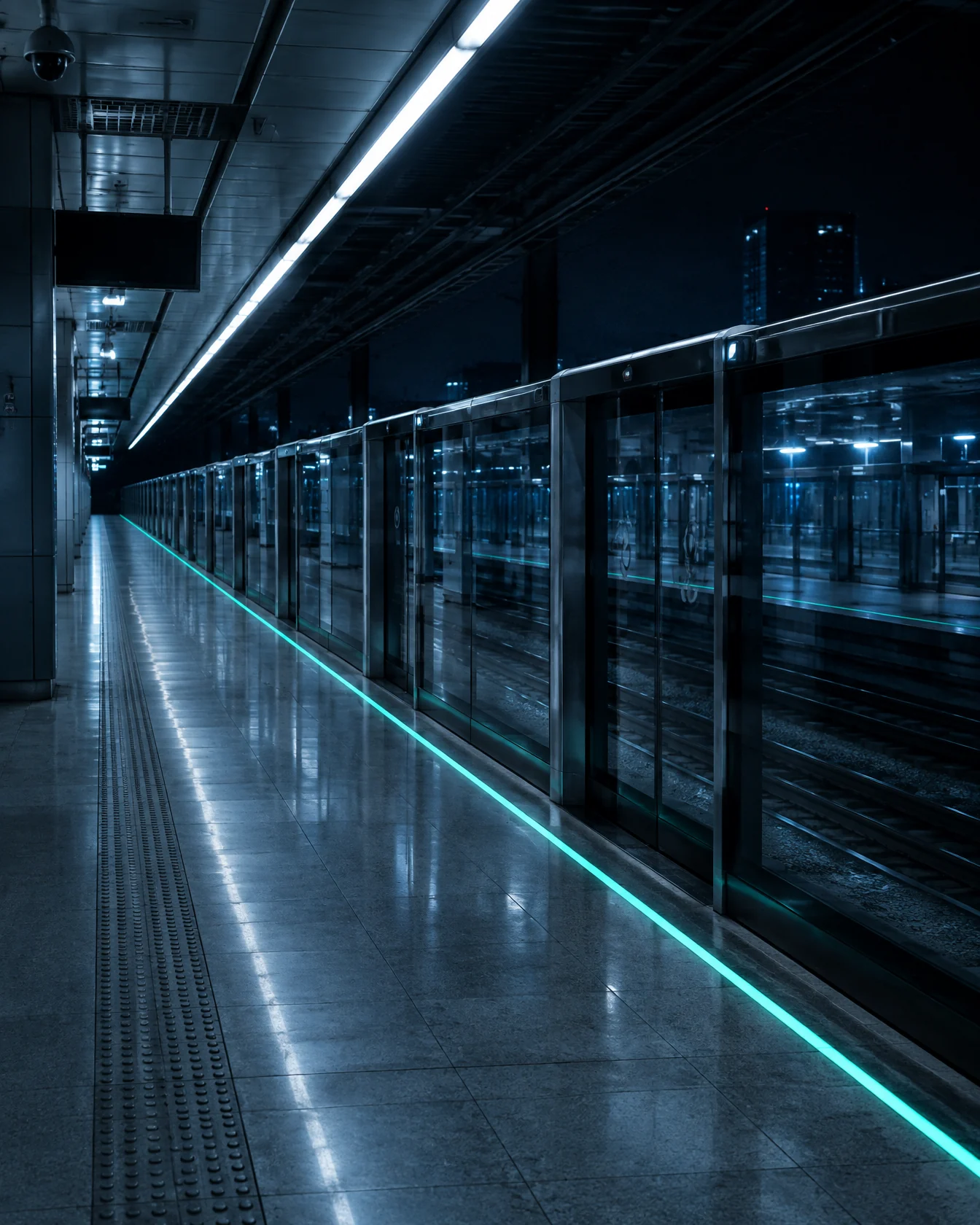 Empty metro platform behind glass screen doors with a mint edge line