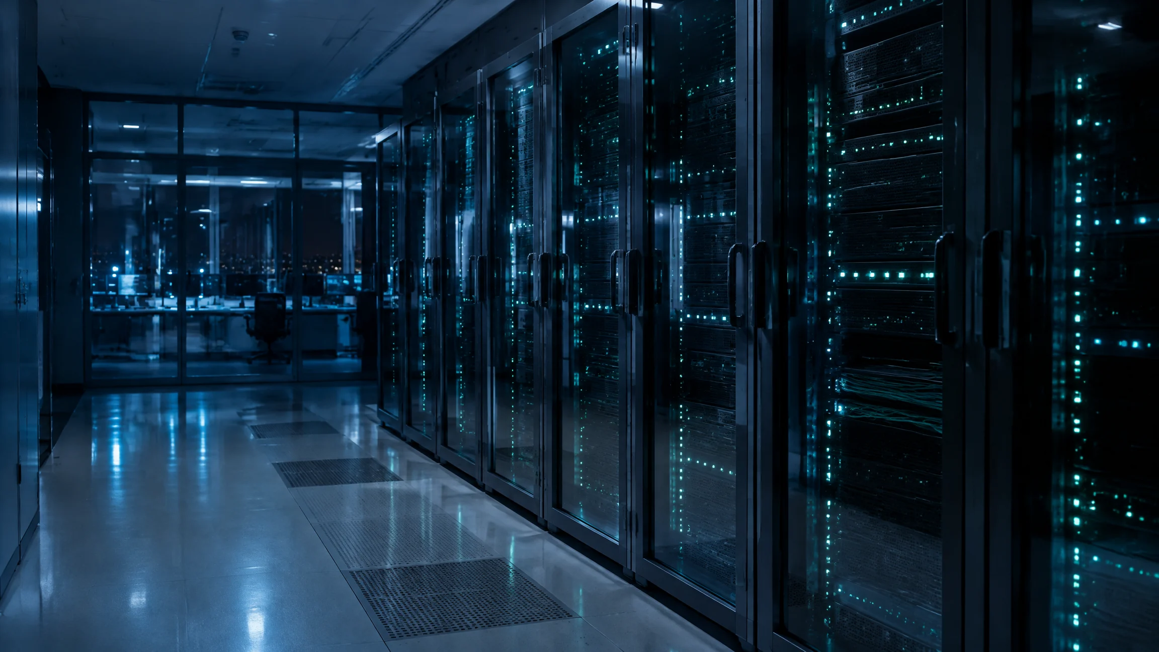 Hospital network room with sealed glass server cabinets and mint status lights