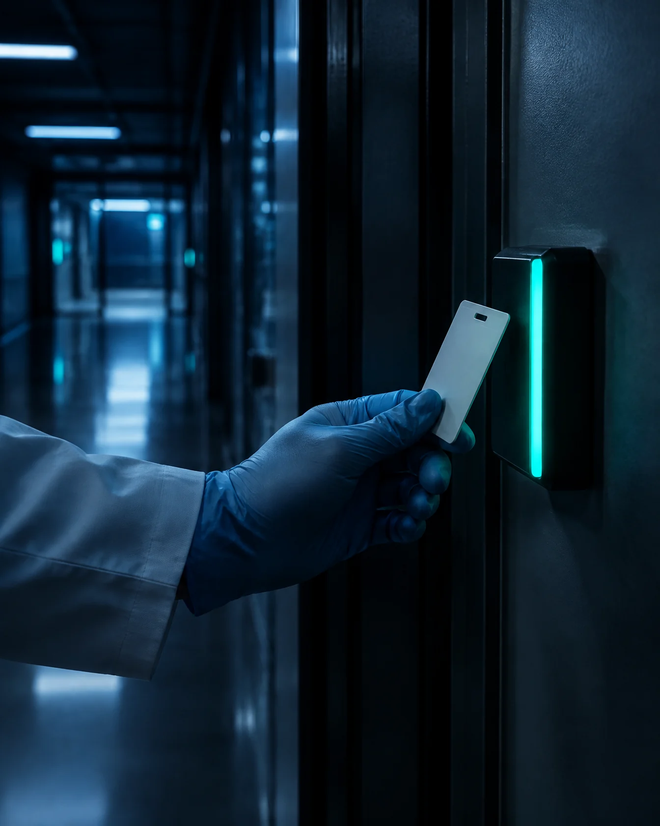 Gloved hand tapping an ID badge on a door reader glowing mint