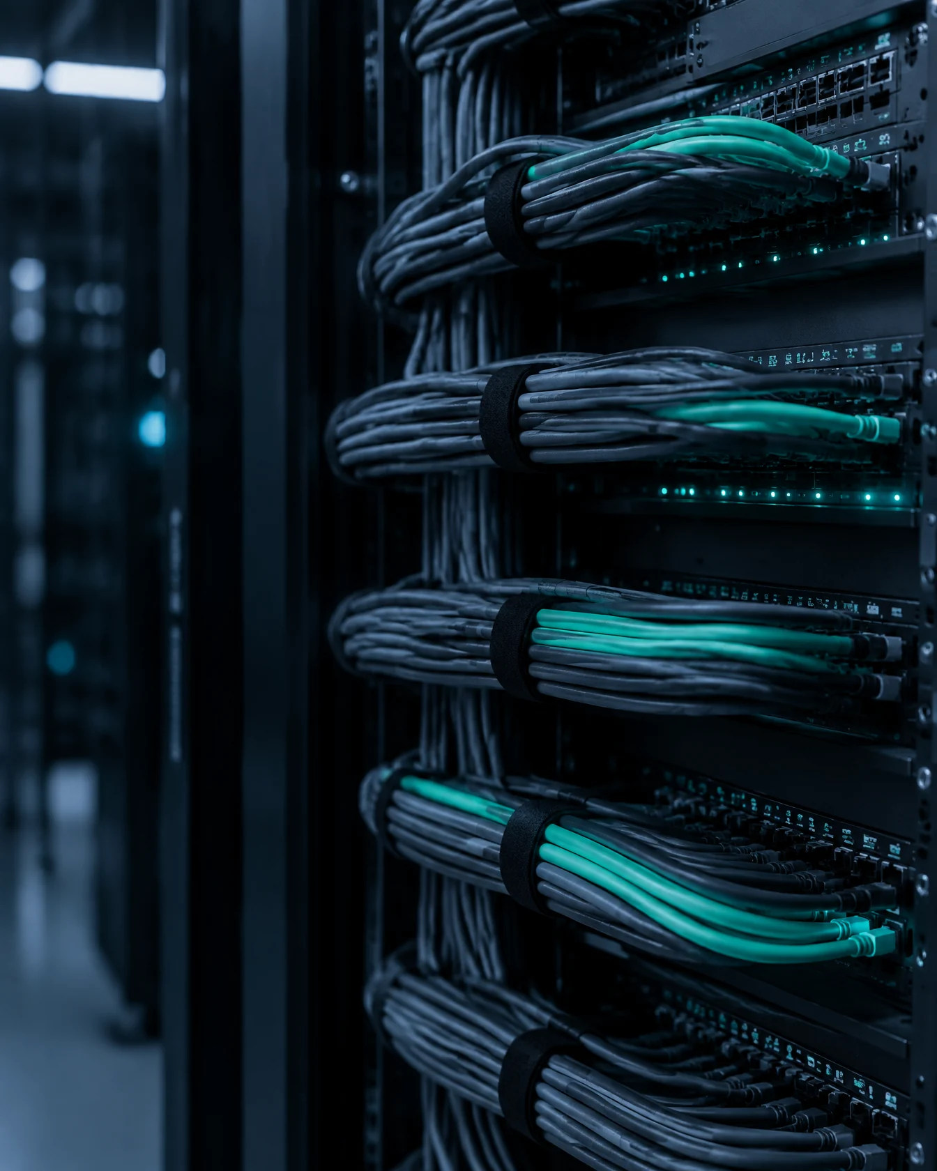 Bundled grey patch cables with a few mint cables in a network cabinet
